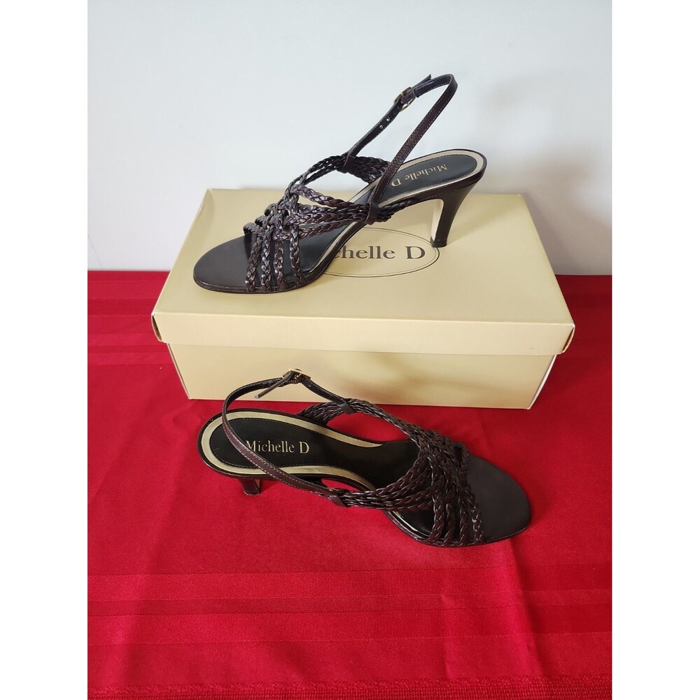 Michelle D Braided Leather Strappy Sandals Dark Brown Kitten Heels Womens 7M Box